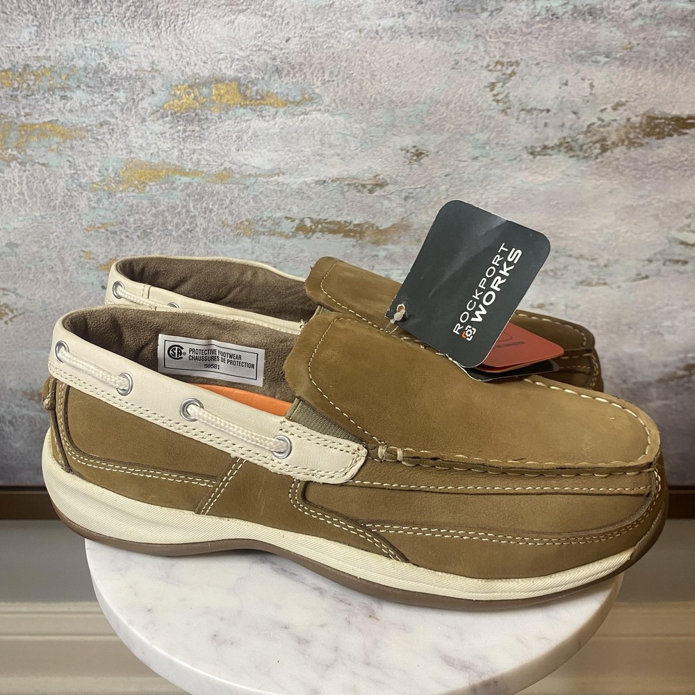 Rockport Works Shoes Mens Size 8.5 Brown Leather Steel Toe Slip On Boat RK673